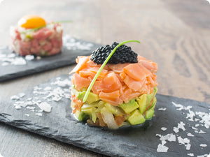 Diced avocado, smoked salmon, Sevruga Caviar Appetizer
